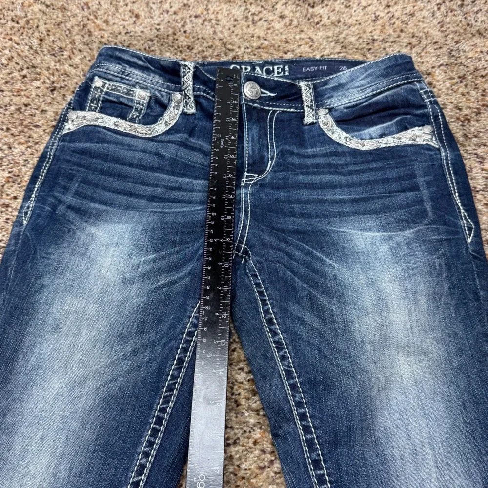 Grace in LA Easy‎ Fit Dark Wash Embellished Bootcut Jeans Size 28 Silver Bling